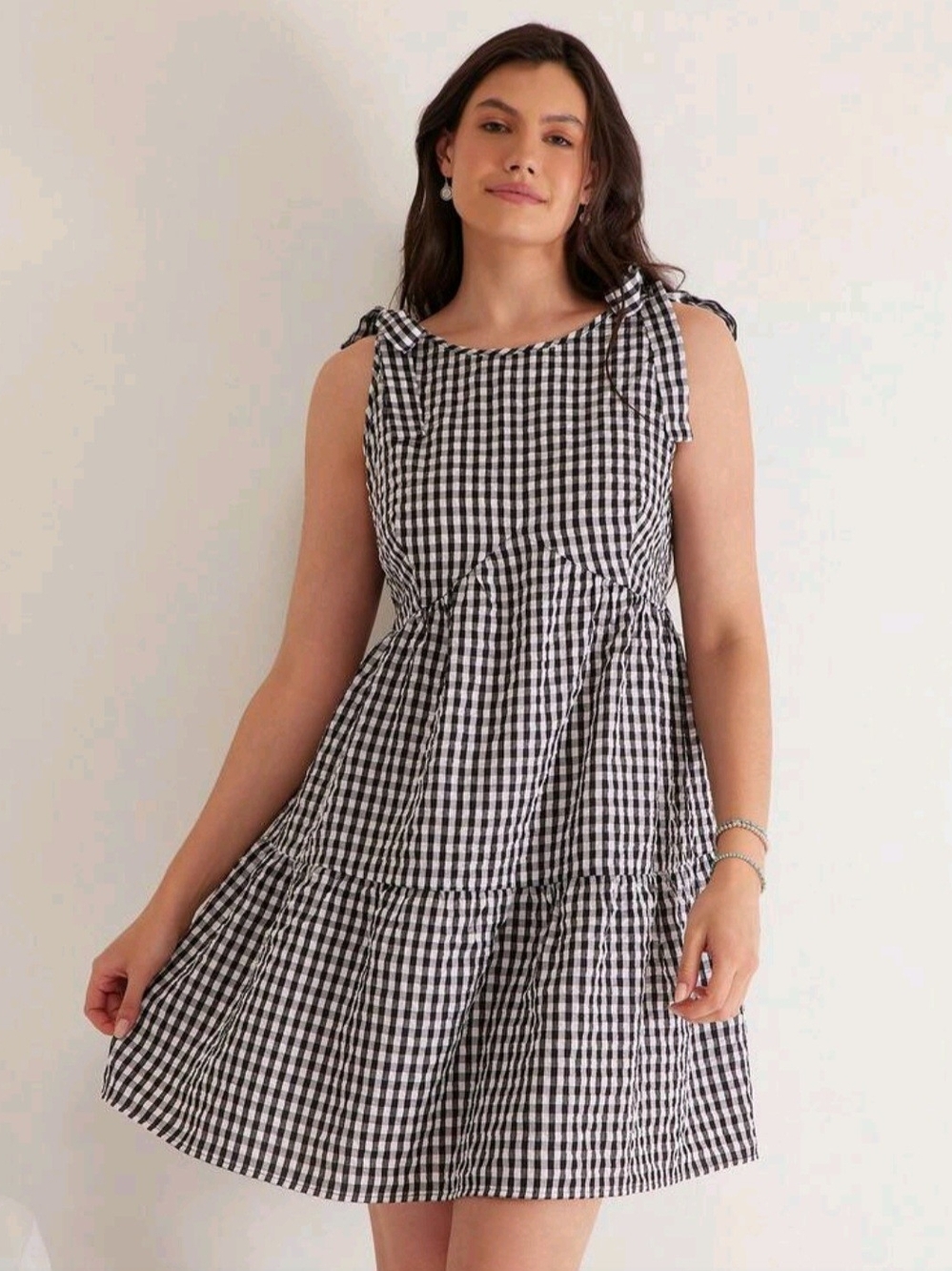 Black and White Gingham Tiered Tie-Shoulder Dress